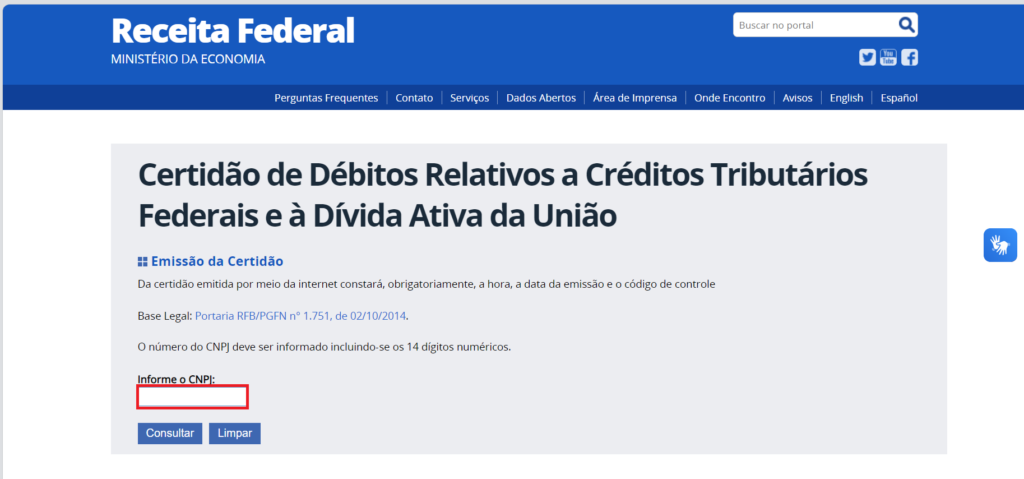 Certidão Negativa de Débitos - Passo 2