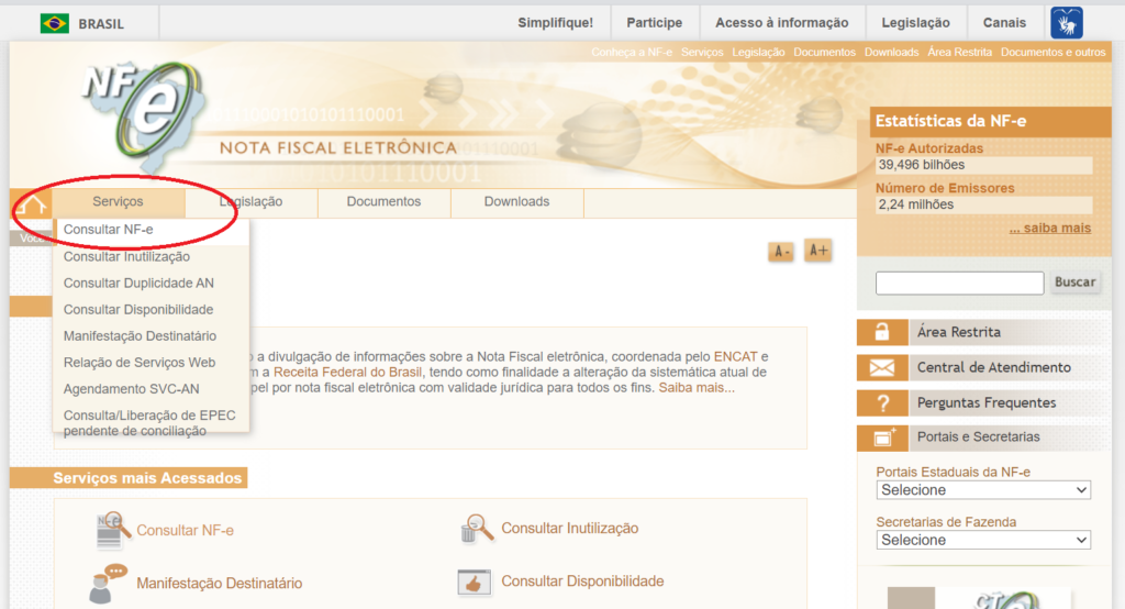 Imagem ensinando como baixar nota fiscal no Portal da NFe. A Imagem mostra a página inicial do portal, selecionando a opção "Consultar NFe" no menu.