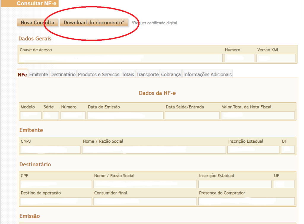 Imagem ensinando como baixar nota fiscal no Portal da NFe. A imagem mostra os dados da NFe algumas opções no topo da tela, incluindo "download do documento".